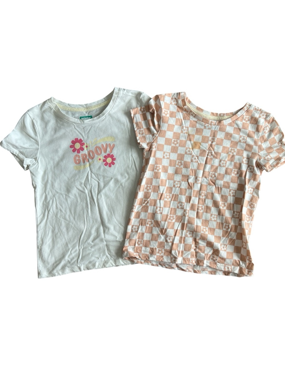 Girls' White 'Groovy' Flower Tee & Peach Check Short-Sleeve Top - 2 Pack Size 7